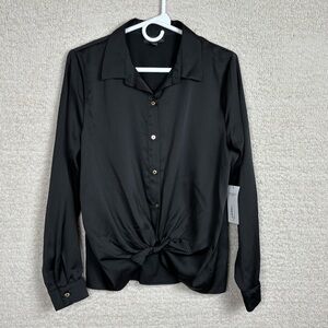 Bold Elements Top‎ Womens Lg Black Satin Button Down Tie Front Office Career